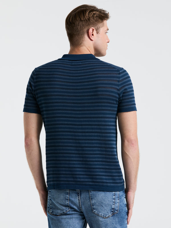 Perry Ellis Button-Front Striped Polo Sweater Blue Wing Teal