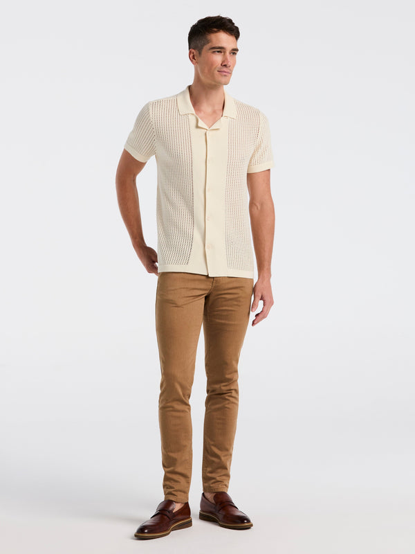 Perry Ellis Cotton Jacquard Open Stitch Button Front Sweater Birch