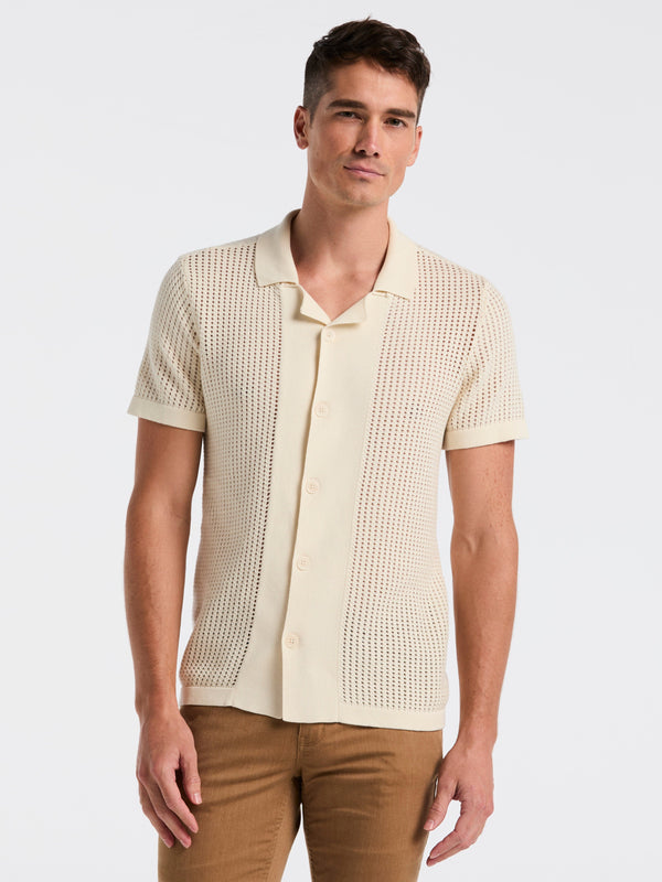 perry ellis Cotton Jacquard Open Stitch Button Front Sweater Birch