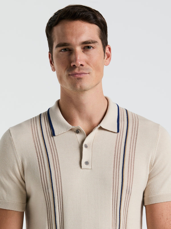 Perry Ellis Cotton Mesh Vertical Stripe Print Button Polo Moonstruck
