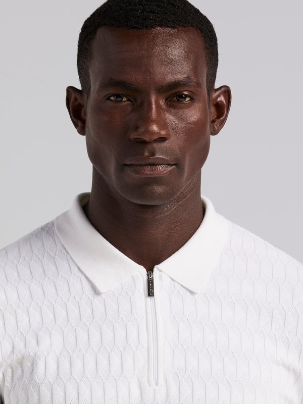Perry Ellis Geometric Pattern Zip Polo Sweater Bright White
