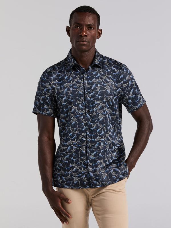 perry ellis Ginkgo Print Short Sleeve Shirt Dark Sapphire