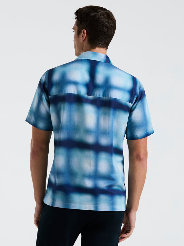 Perry Ellis Linen Slub Plaid Print Shirt Bleached Denim