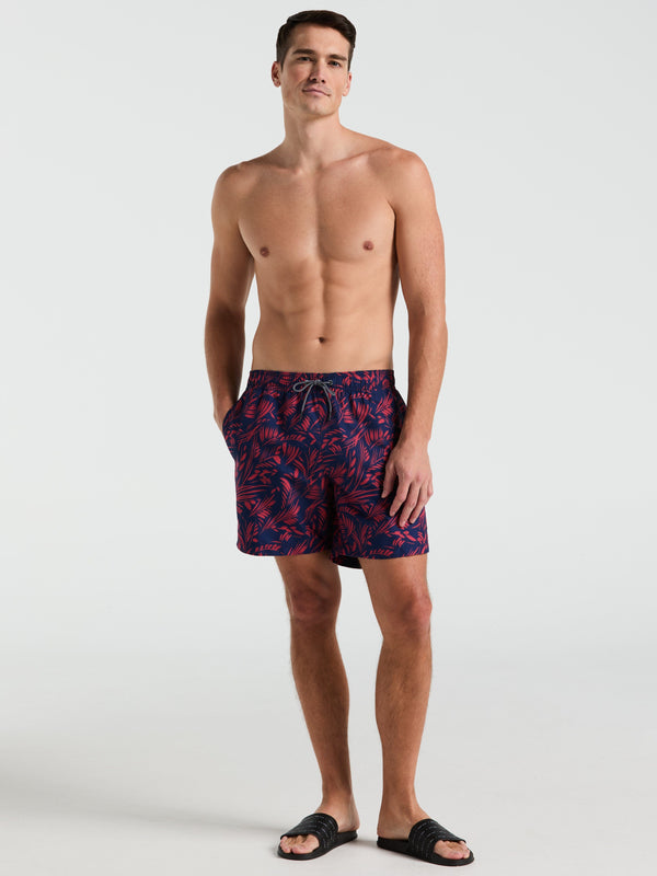 Perry Ellis 7" Leaf Print Swim Short Blue Depths