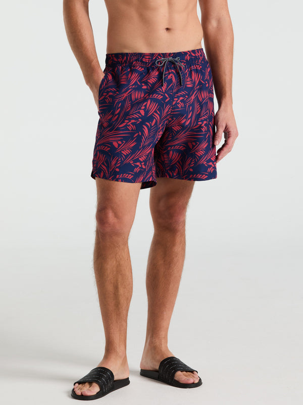 perry ellis 7" Leaf Print Swim Short Blue Depths