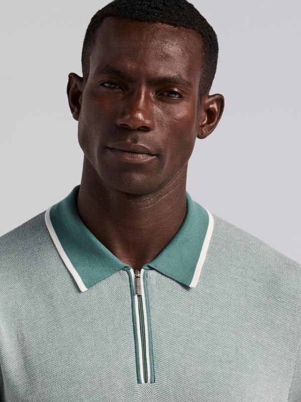 Perry Ellis Bi-Color Stitch Zip Polo Sea Pine