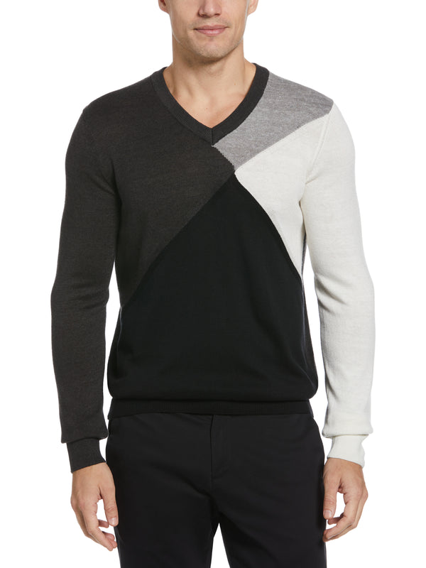 Perry Ellis Color Block V-Neck Sweater Black