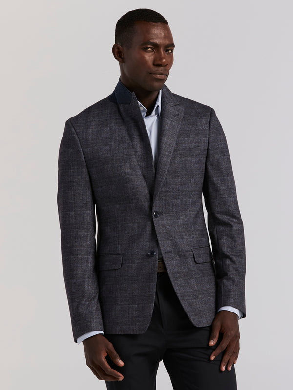 Perry Ellis Plaid Knit Skinny Fit Sport Coat Blue