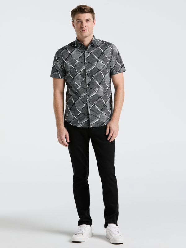 Perry Ellis Poplin Linework Grid Print Shirt Black