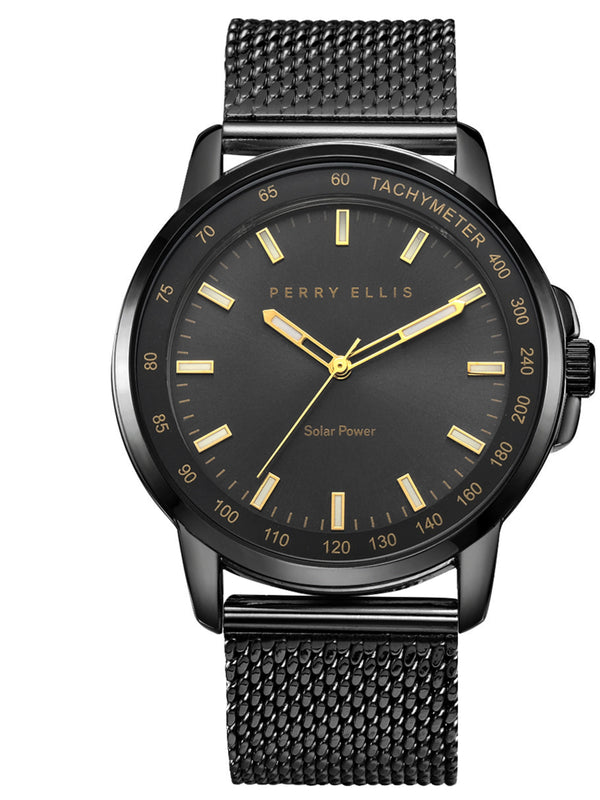 perry ellis Solar Powered Gunpowder Stainless Steel Mesh Bracelet Watch Gunmetal