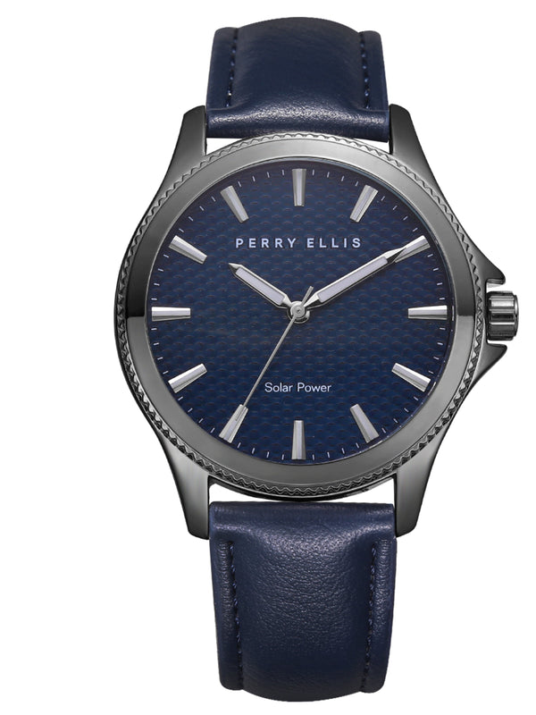 perry ellis Solar Powered Vegan Navy Leather Watch Navy