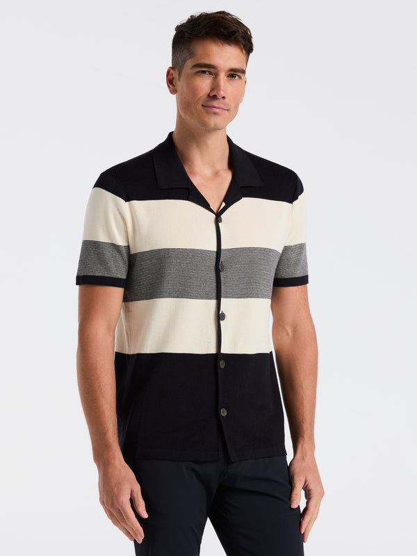 Perry Ellis Stripe Button Front Sweater Shirt Dark Sapphire