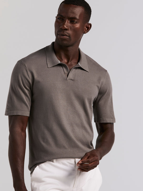 Perry Ellis Tech Knit Open Collar Sweater Polo Granite Gray