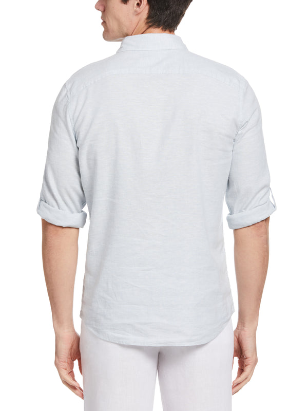 Perry Ellis Untucked Slim Fit Linen Blend Rolled Sleeve Shirt Dusty Blue