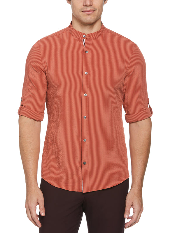 perry ellis Untucked Total Stretch Slim Fit Seersucker Shirt Etruscan Red