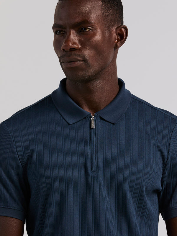Perry Ellis Vertical Ribbed Zip Polo Moonlight Ocean