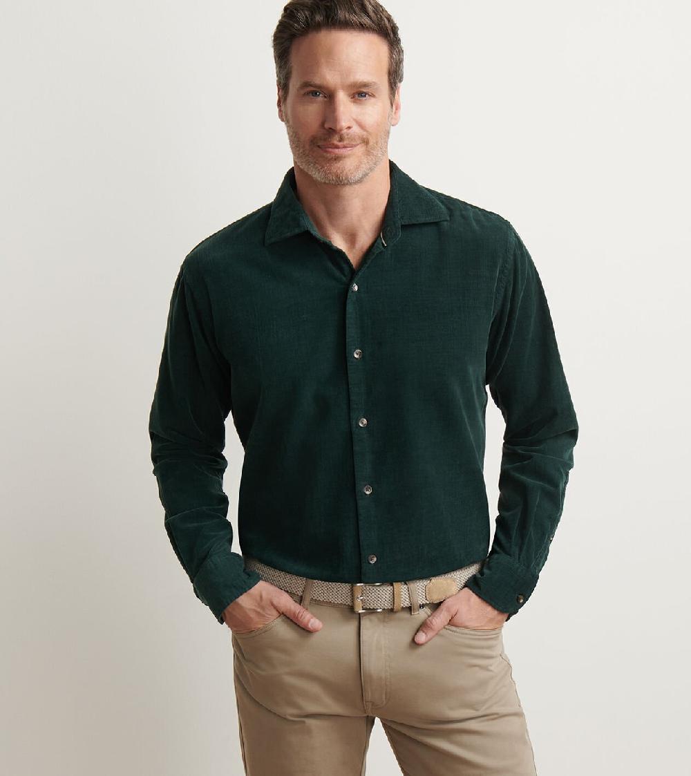 Peter Millar Aspen Cotton Cashmere Corduroy Sport Shirt DEEP VERDANT