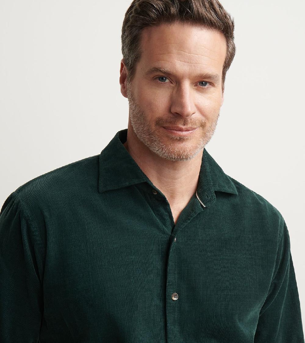 Peter Millar Aspen Cotton Cashmere Corduroy Sport Shirt DEEP VERDANT