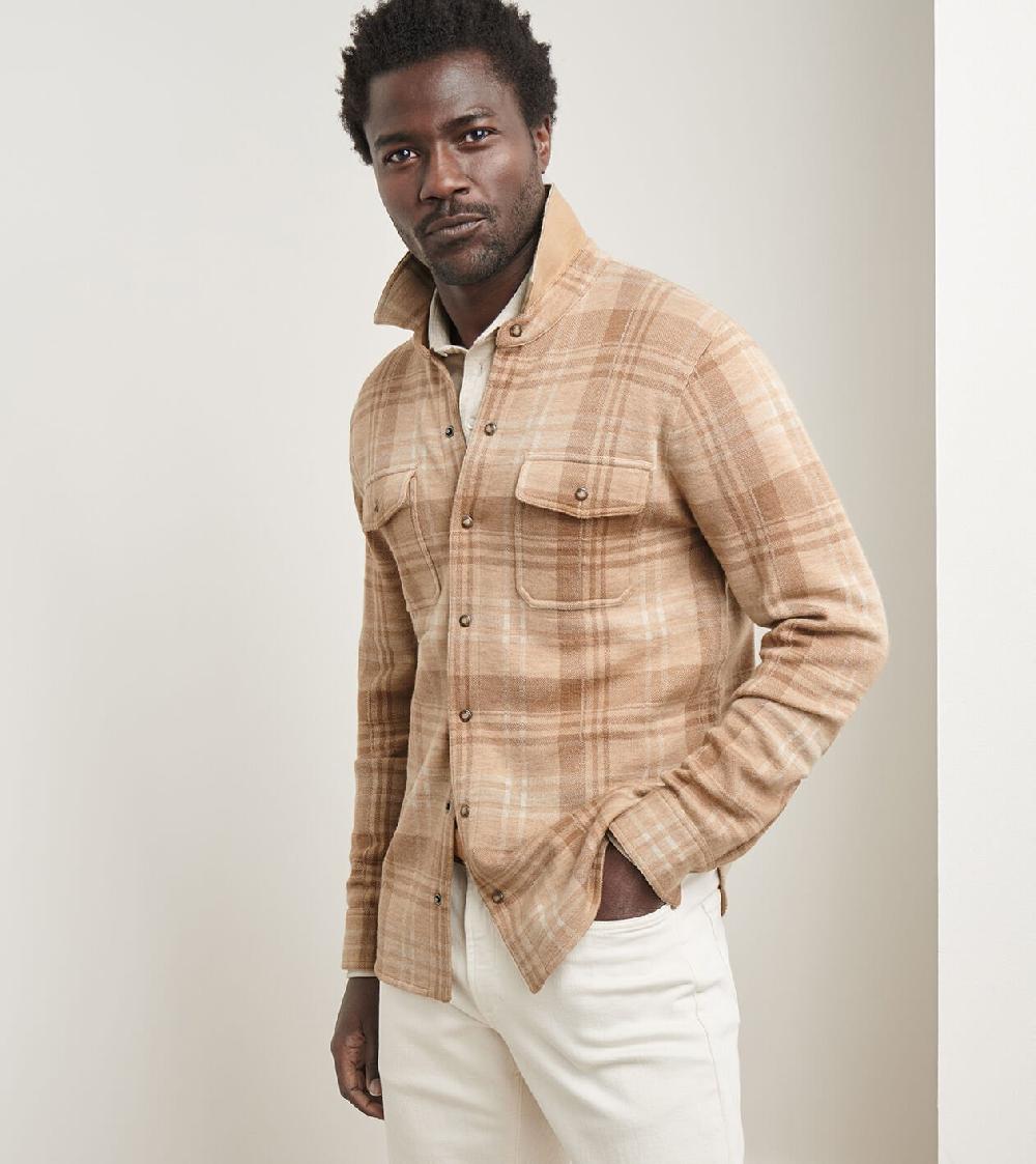 Peter Millar Gordon Plaid Sweater Shirt Jacket SOFT BROWN