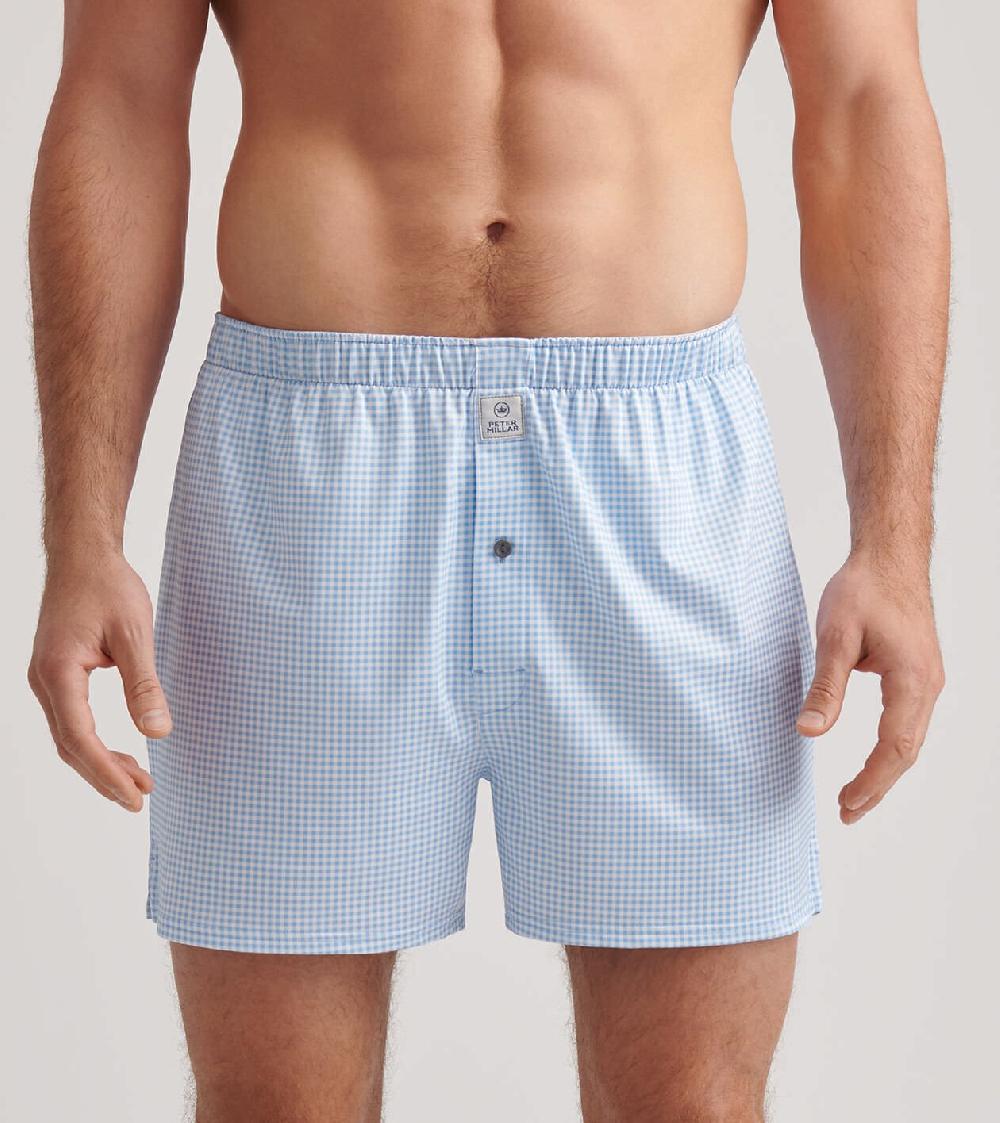 Peter Millar Nebraska Printed Gingham Check Stretch Jersey Boxer Cottage Blue