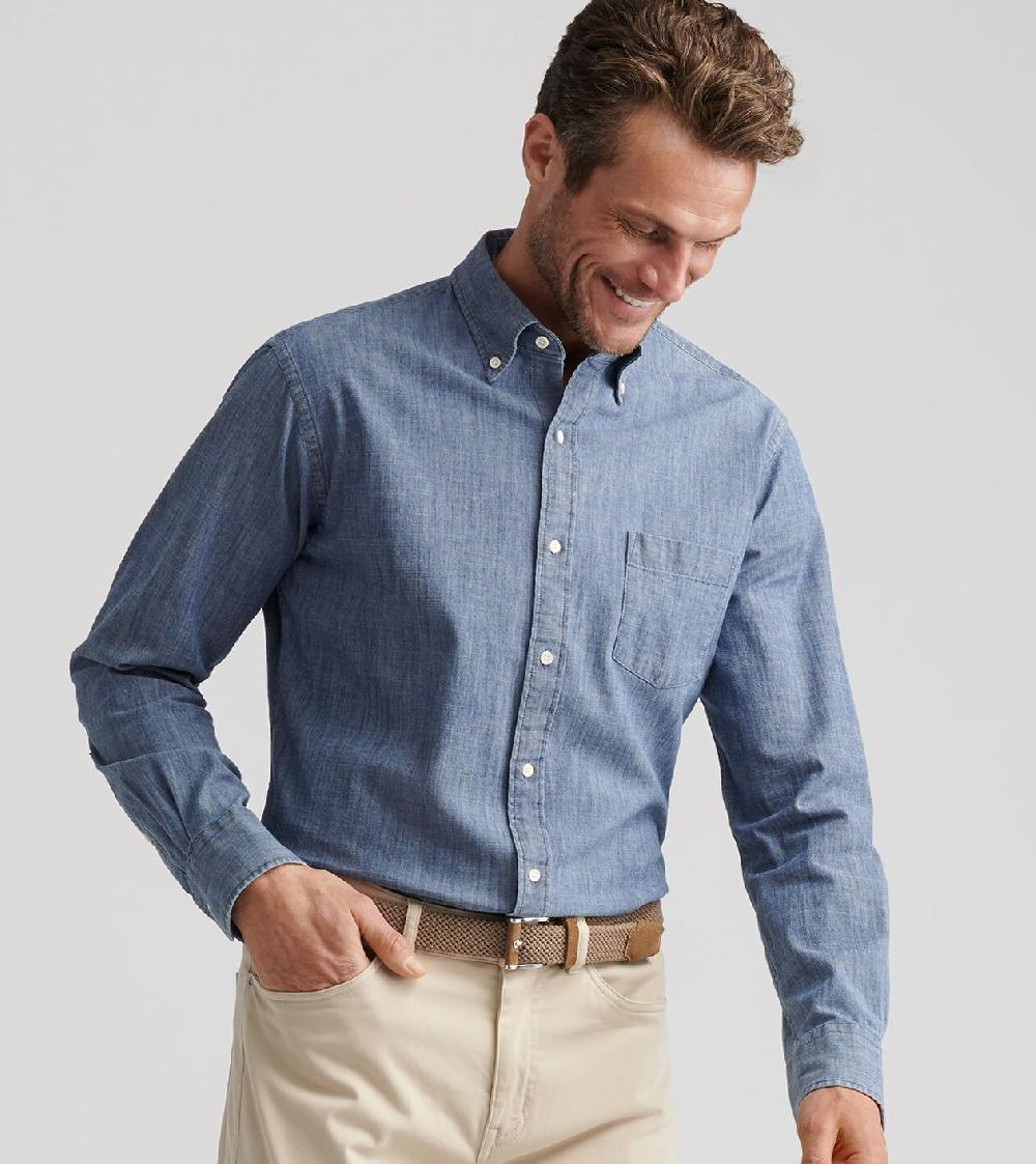 Peter Millar Tamworth Chambray Cotton-Stretch Sport Shirt Indigo