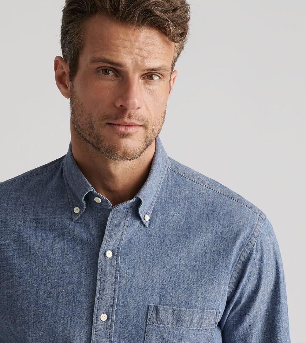 Peter Millar Tamworth Chambray Cotton-Stretch Sport Shirt Indigo