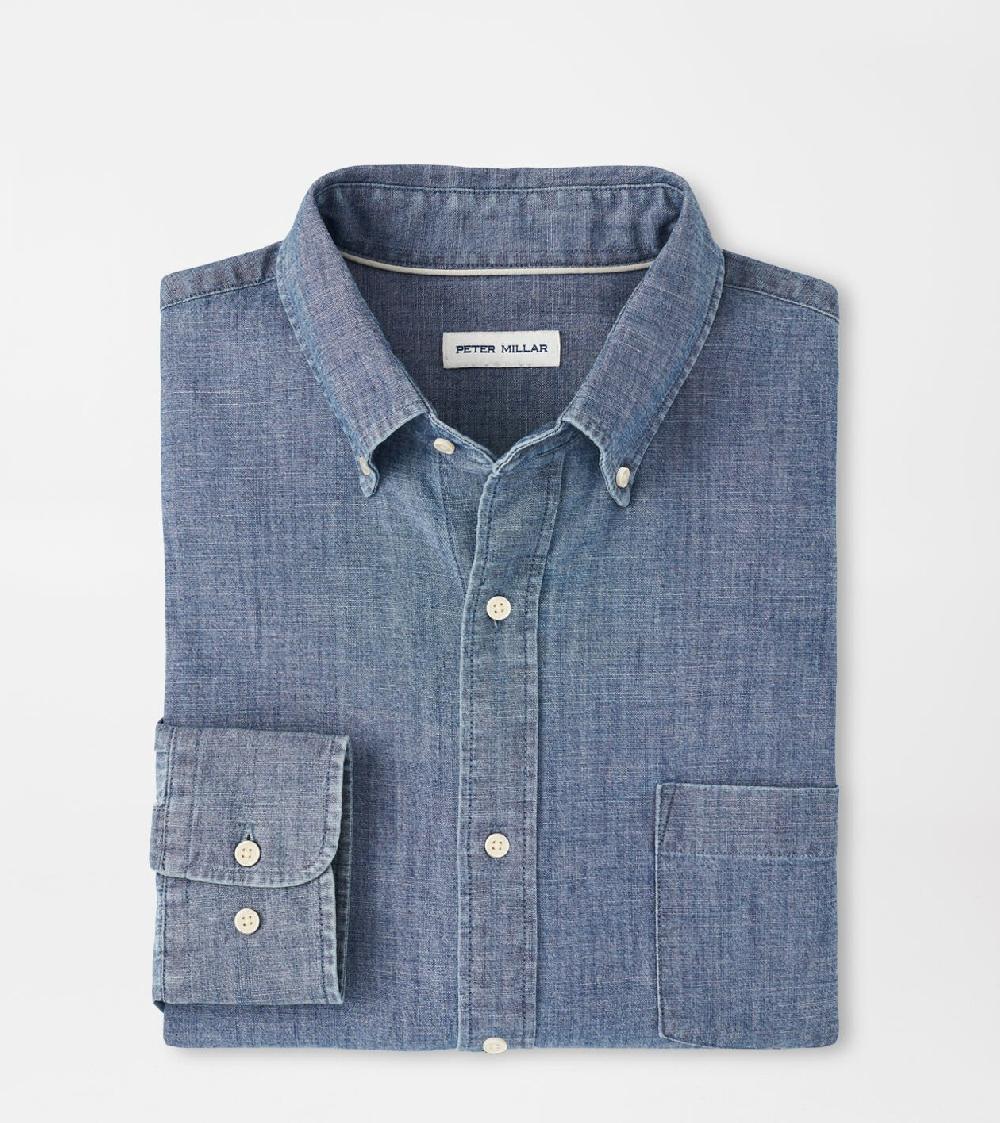 peter millar Tamworth Chambray Cotton-Stretch Sport Shirt Indigo