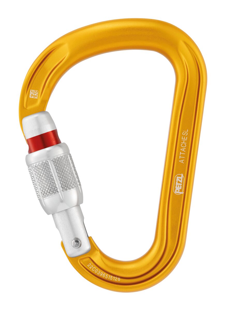 petzl ATTACHE Locking pear-shaped carabiner with round-stock basket for smooth rope operation