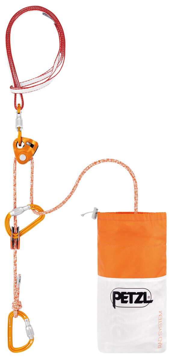 petzl RAD SYSTEM A complete ultra-lightweight and compact kit with specific cord designed for skiers doing crevasse rescue rappelling or roping up on a glacier to get out of a crevasse zone