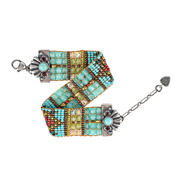 Peyote Bird Chili Rose Beaded Bracelet With Inlaid Turquoise