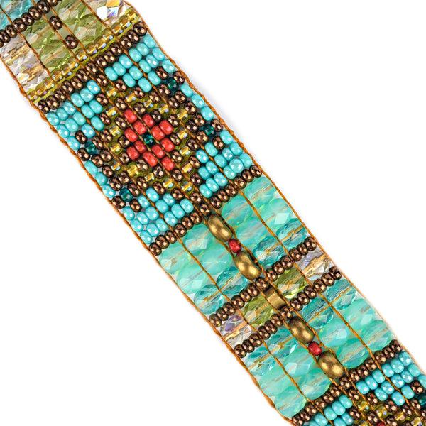 Peyote Bird Chili Rose Beaded Bracelet With Inlaid Turquoise