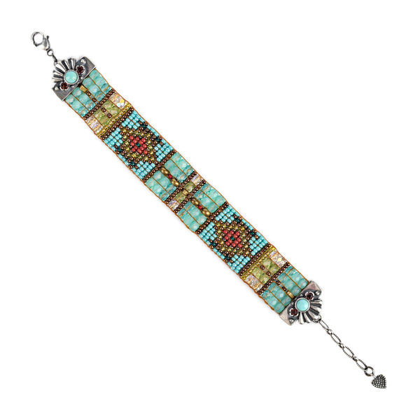 peyote bird Chili Rose Beaded Bracelet with Inlaid Turquoise