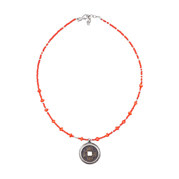 peyote bird Coral Fire Necklace