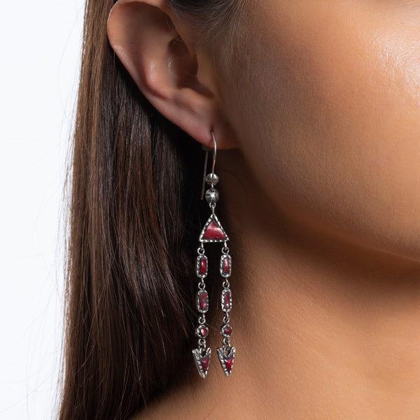 Peyote Bird Red Coral Dangle Earrings