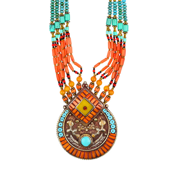 Peyote Bird Tibetan Turquoise And Coral Necklace