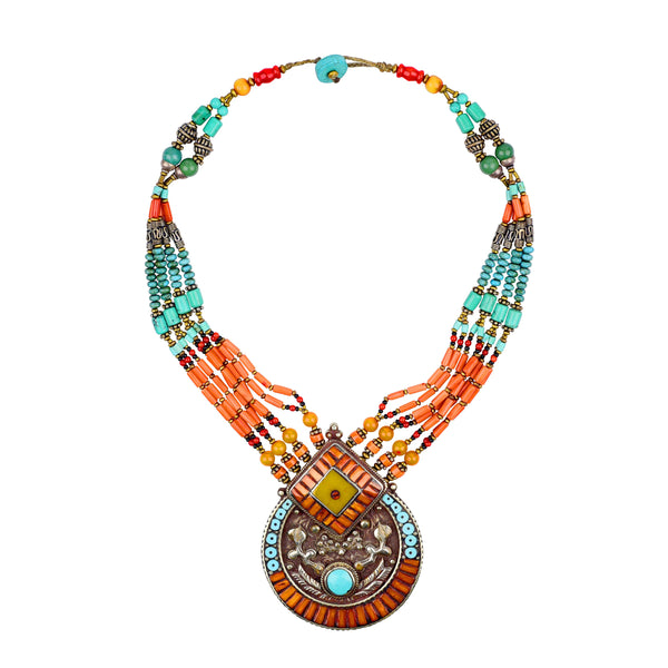 peyote bird Tibetan Turquoise and Coral Necklace