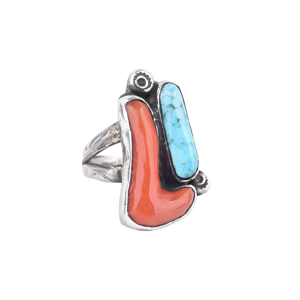 peyote bird Vintage Coral & Turquoise Ring - Size 6 3/4