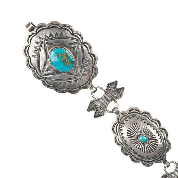 Peyote Bird Vintage Navajo Blue Gem Link Concho Belt (c.1930's)