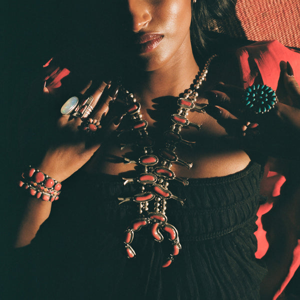 Peyote Bird Vintage Navajo Coral Squash Blossom Necklace C. 1950's