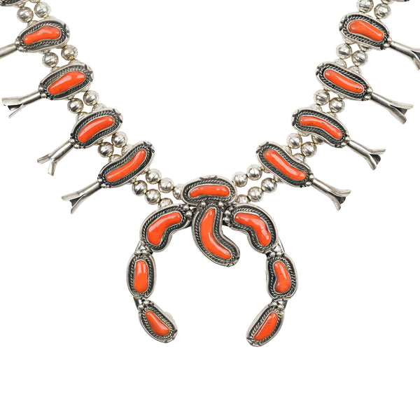 Peyote Bird Vintage Navajo Coral Squash Blossom Necklace C. 1950's