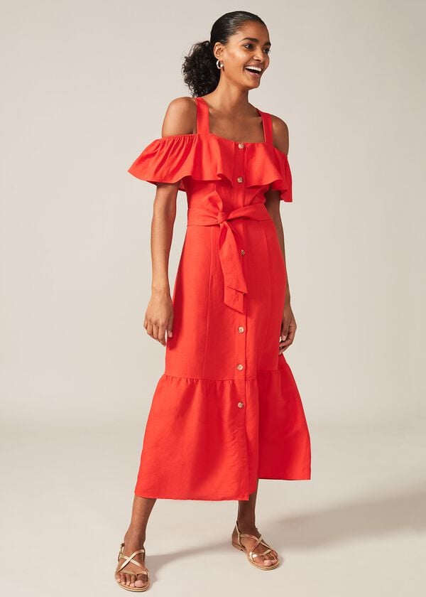 Phase Eight Arlos Frill Bodice Linen-Blend Midi Dress