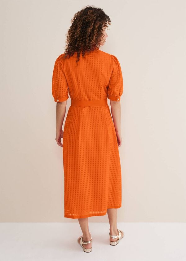 Phase Eight Carey Orange Checked Textured Midi Dress