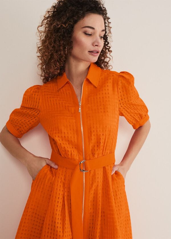 Phase Eight Carey Orange Checked Textured Midi Dress