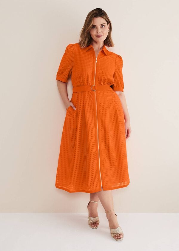 Phase Eight Carey Orange Checked Textured Midi Dress