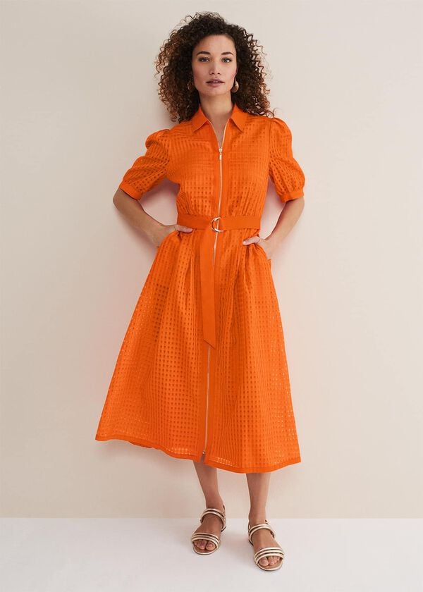 phase eight Carey Orange Checked Textured Midi Dress