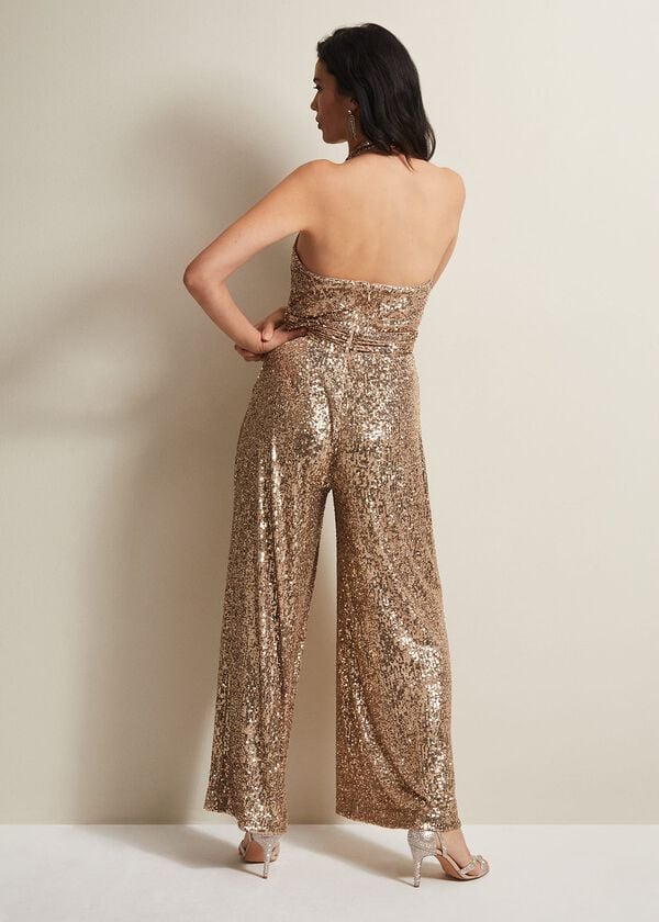 Phase Eight Clarabella Gold Sequin Halterneck Jumpsuit