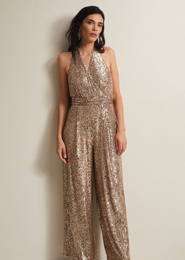 Phase Eight Clarabella Gold Sequin Halterneck Jumpsuit