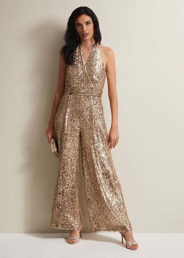 phase eight Clarabella Gold Sequin Halterneck Jumpsuit
