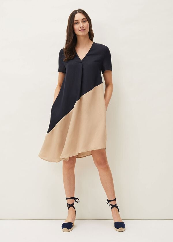 Phase Eight Doty Colourblock Linen-Blend Swing Dress