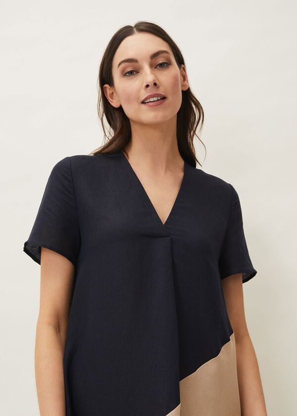 Phase Eight Doty Colourblock Linen-Blend Swing Dress